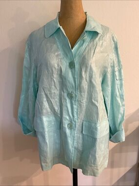 Lafayette 148 sz M Light Aqua Shimmer 100% linen Button-Front Jacket